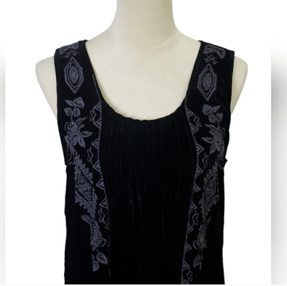 Johnny Was JWLA Black Velvet Boho Embroidered Silk Blend Pintucked Dress - Picture 6 of 12